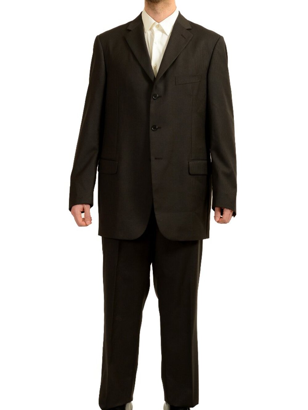 Moschino Men's Brown Striped Three Button 100% Wool Suit US 48 IT 58